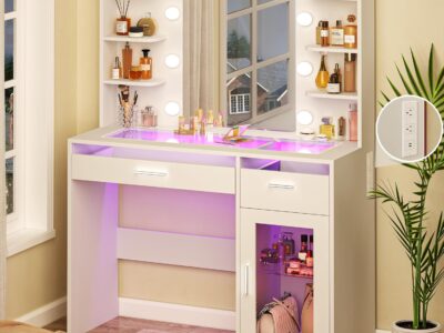 Vanity Desk with Mirror and Lights, Makeup Vanity Desk with Lights 3 Colors, Transparent Top Vanity with 2 RGB Drawers, 6 Shelves, Large Tempered Cabinet, Power Outlet, for Bedroom
