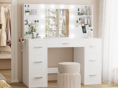 Vanity Desk with Mirror, Power Outlet and 10 Lights, Makeup Table with 7 Drawers, 3 Color Modes Available for Bedroom
