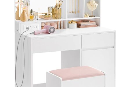 Vanity Desk with Mirror and Lights, Power Outlets, Vanity Table Set with Stool, Drawers, 35.4-Inch Wide Makeup Vanity, Jewelry Storage, Adjustable Shelves, for Bedroom