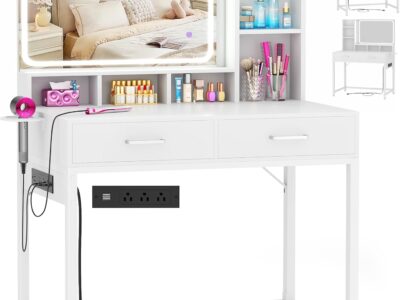 Small Vanity Desk, Vanity Desk with Mirror and Lights, Makeup Vanity Desk with Power Strip, Vanity Table with Drawers and Shelves, Adjustable Lighting, Dressing Table for Bedroom Dressing Room