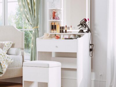 Small Makeup Vanity Desk with Mirror and Lights, Vanity Table Set with Storage Drawer, Chair and Three Shelves