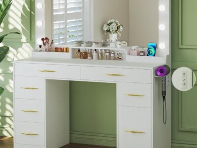 Makeup Vanity Desk with Lights, Vanity Desk with Large Mirror, White Vanity with 6 Large Drawers & 1 Cabinet & Power Outlet, 3 Lighting Color Adjustable