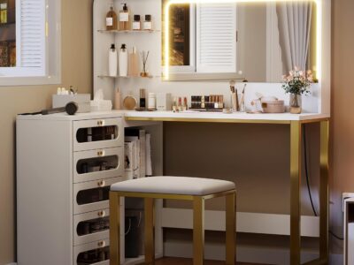Vanity Desk Set- L Makeup Vanity with Mirror and Lights 3 Lighting Modes, 48" Large Dressing Table with 5 Tempered Glass Drawers with Open Storage Shelves Vanity Table