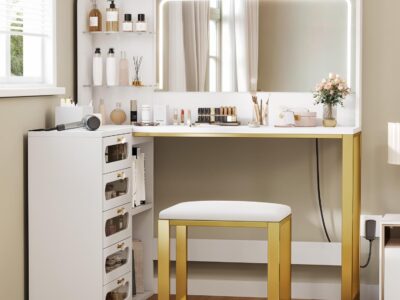 Vanity Desk Set- L Makeup Vanity with Mirror and Lights 3 Lighting Modes, 48" Large Dressing Table with 5 Tempered Glass Drawers with Open Storage Shelves Vanity Table