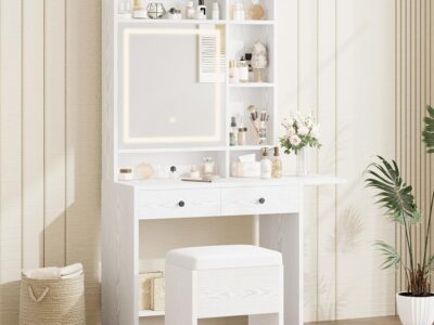 Vanity Desk with Mirror and LED Lights, Jewelry Cabinet, Makeup Dressing Table Set with Drawers, Storage Shelves, for Bedroom