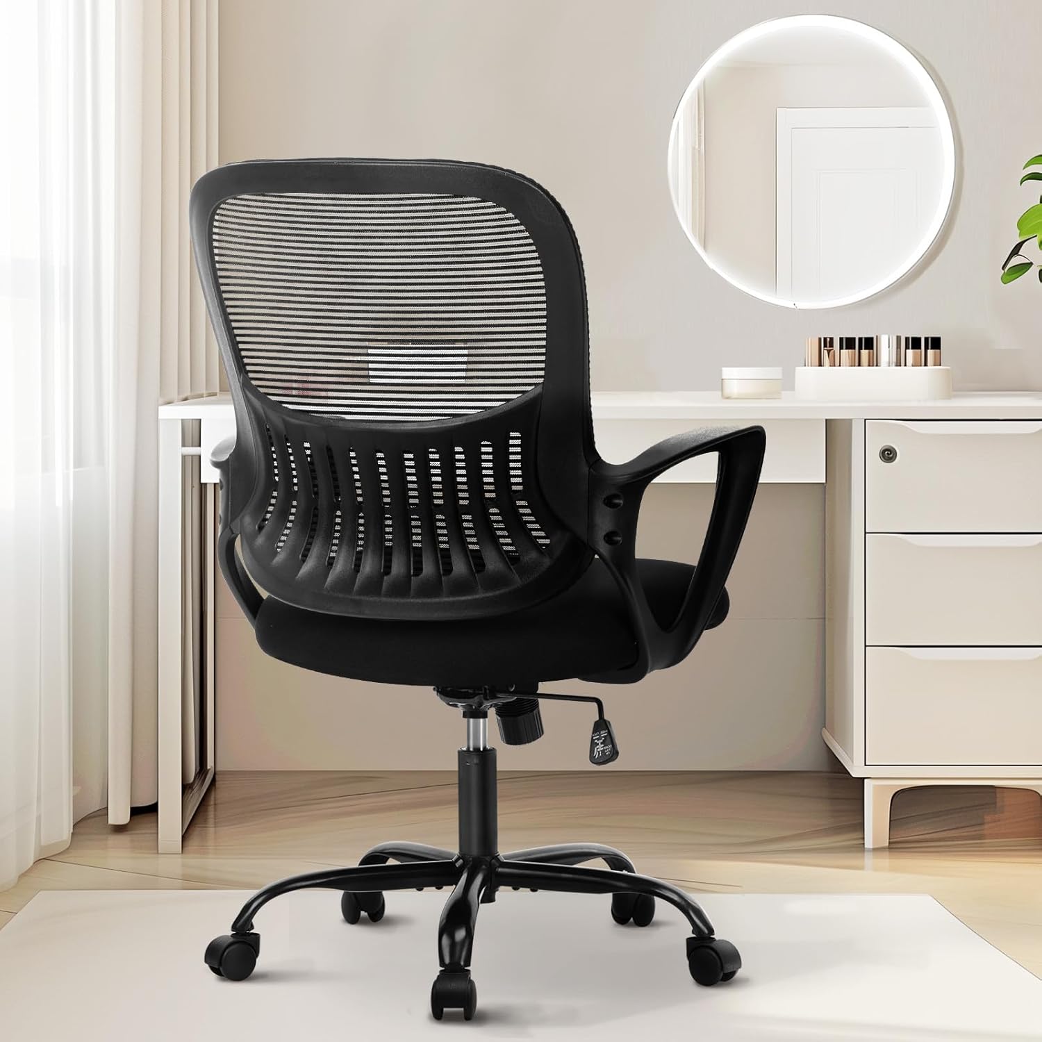 Office Computer Desk Managerial Executive Chair, Ergonomic Mid-Back Mesh Swivel Rolling Work with Wheels, Comfortable Lumbar Support, Comfy Arms for Home,Bedroom