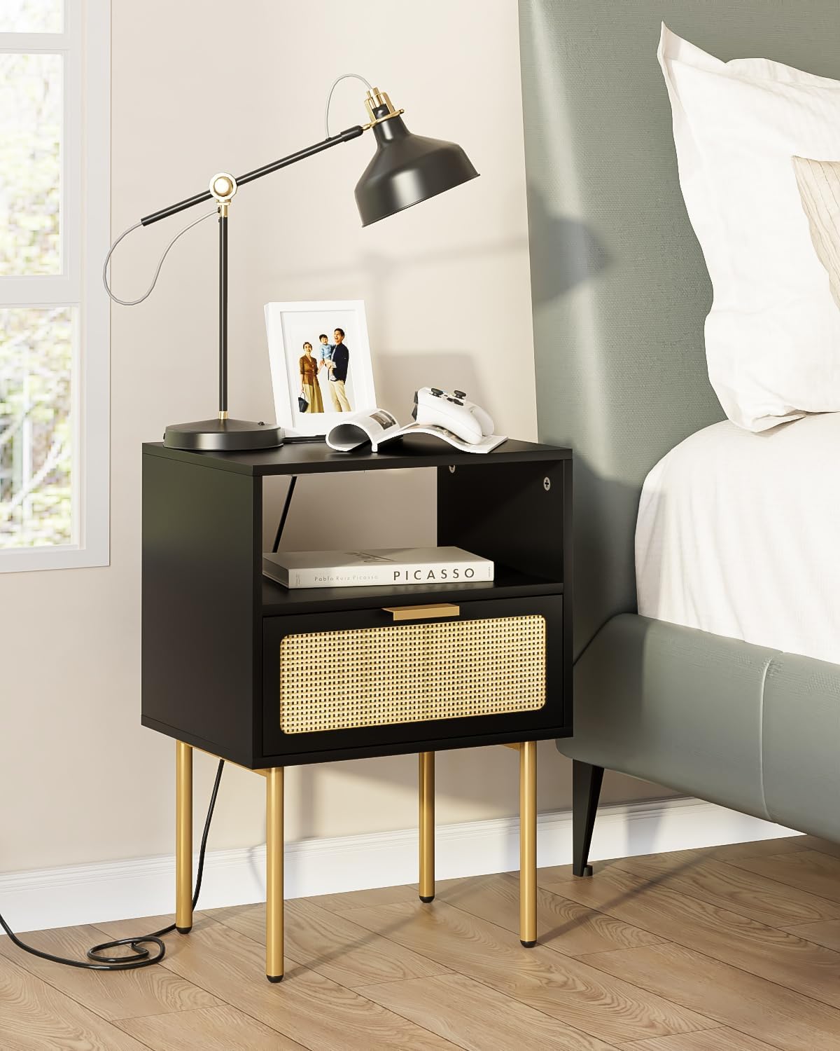 Nightstand with Charging Station, Small Side Table, Modern Night Stand with Drawers, Bedside Table for Bedroom, Living Room End Table, Black Rattan