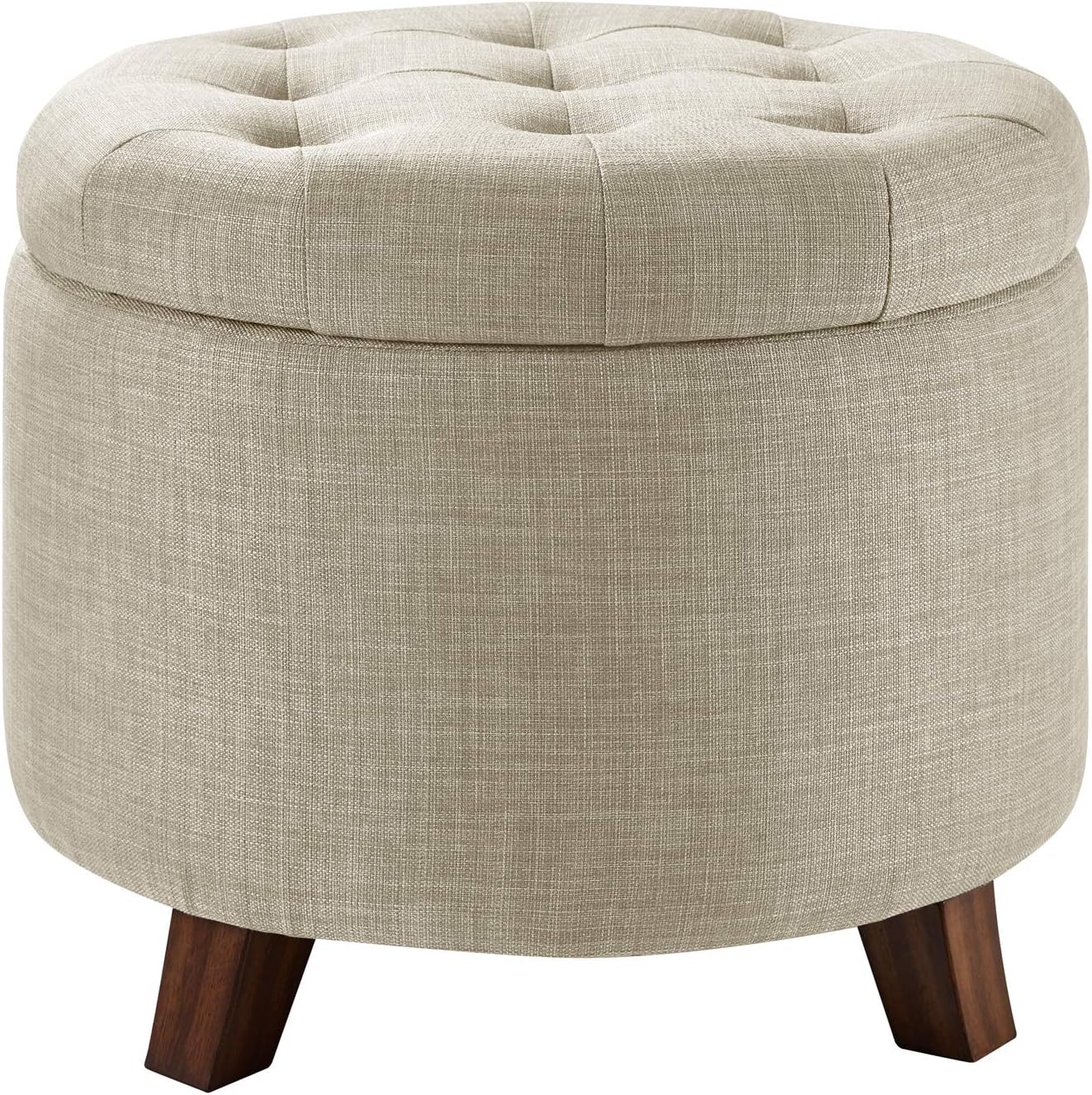 Ottoman with Storage, Tufted Round Upholstered Footstool, Linen, Burlap Beige, ‎20″ x 17″