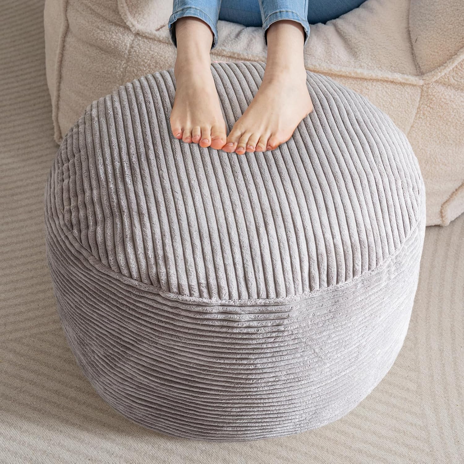 Round Stuffed Pouf Ottoman, Corduroy Poufs with Foam Chunk Filling, Furry and Fluffy Pouf Foot Stool Storage Ottoman,