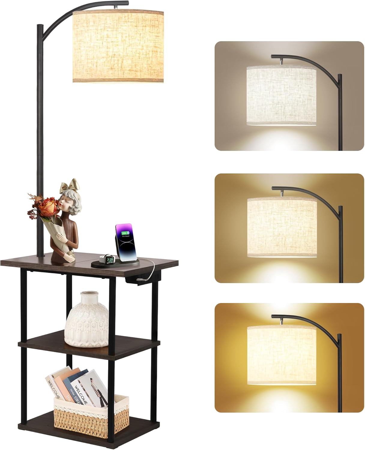 Floor Lamp with Table, End Table with Charging Station(USB & Type-C & AC Port), 3 Color Temperatures 9W LED Bulb, Modern Shelves Side Table