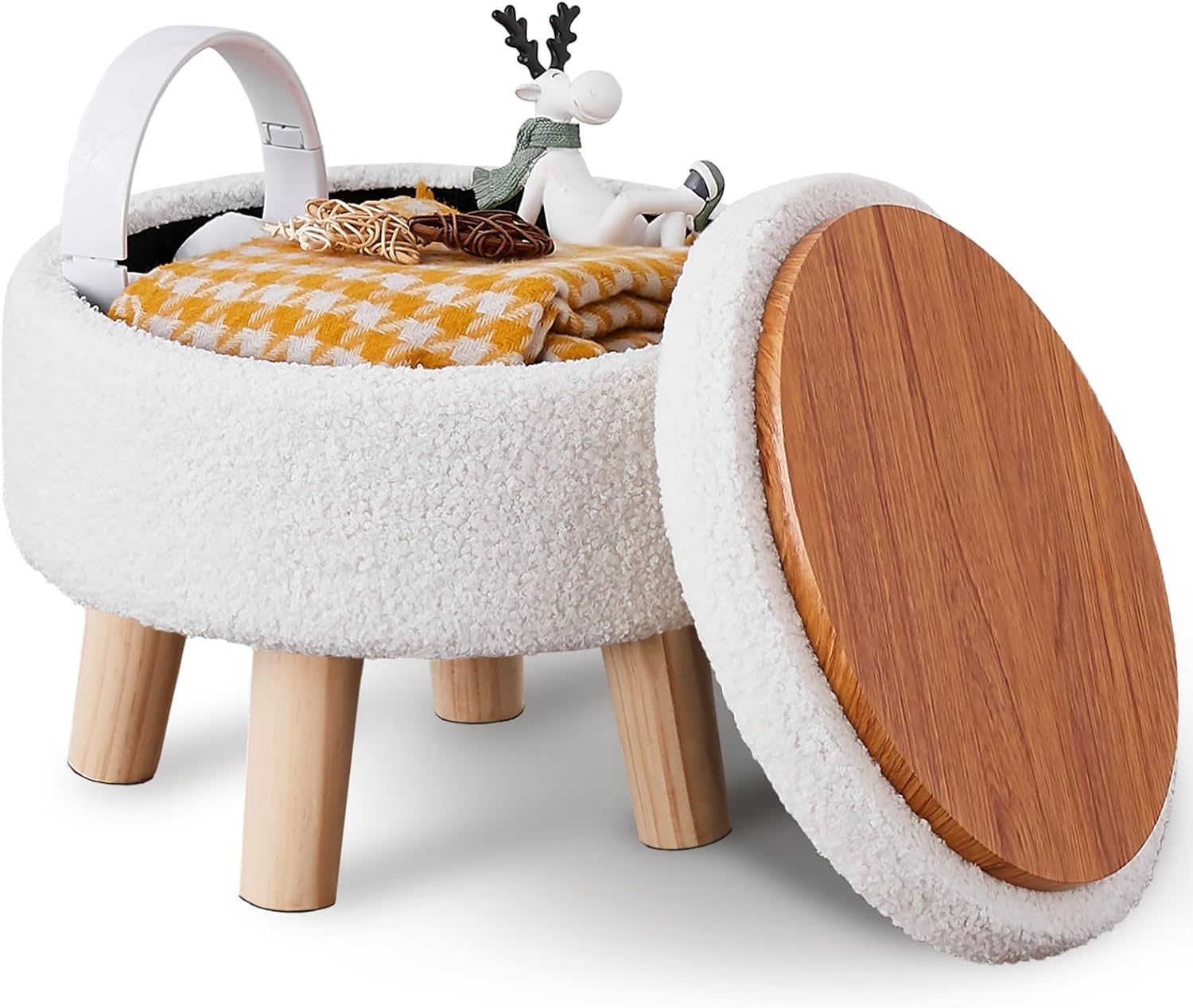 Modern Round Footrest with Soft Padded Seat, Teddy Velvet Footstool with Wood Legs, Accent Small Table or Plant Stand for Hallway