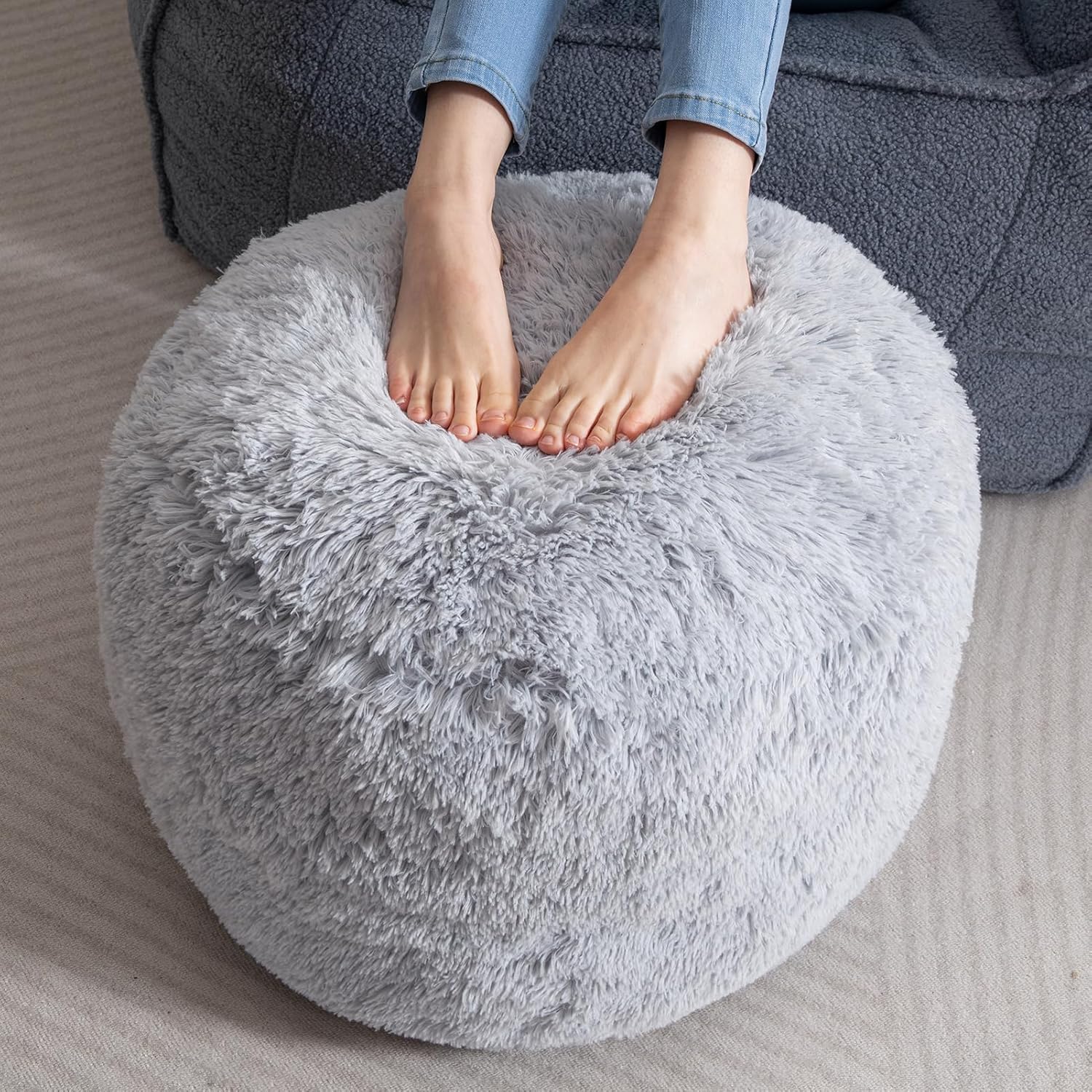 Long Faux Fur Poufs with Foam Chunk Filling, Fluffy and Furry Pouf Foot Stool Storage Ottoman