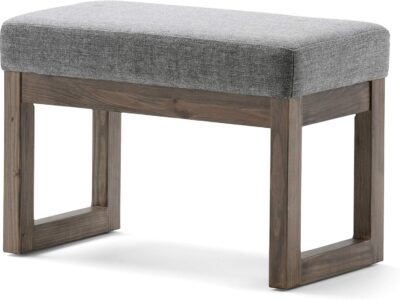 Wide Contemporary Rectangle Footstool Ottoman Bench in Grey Linen Look Fabric
