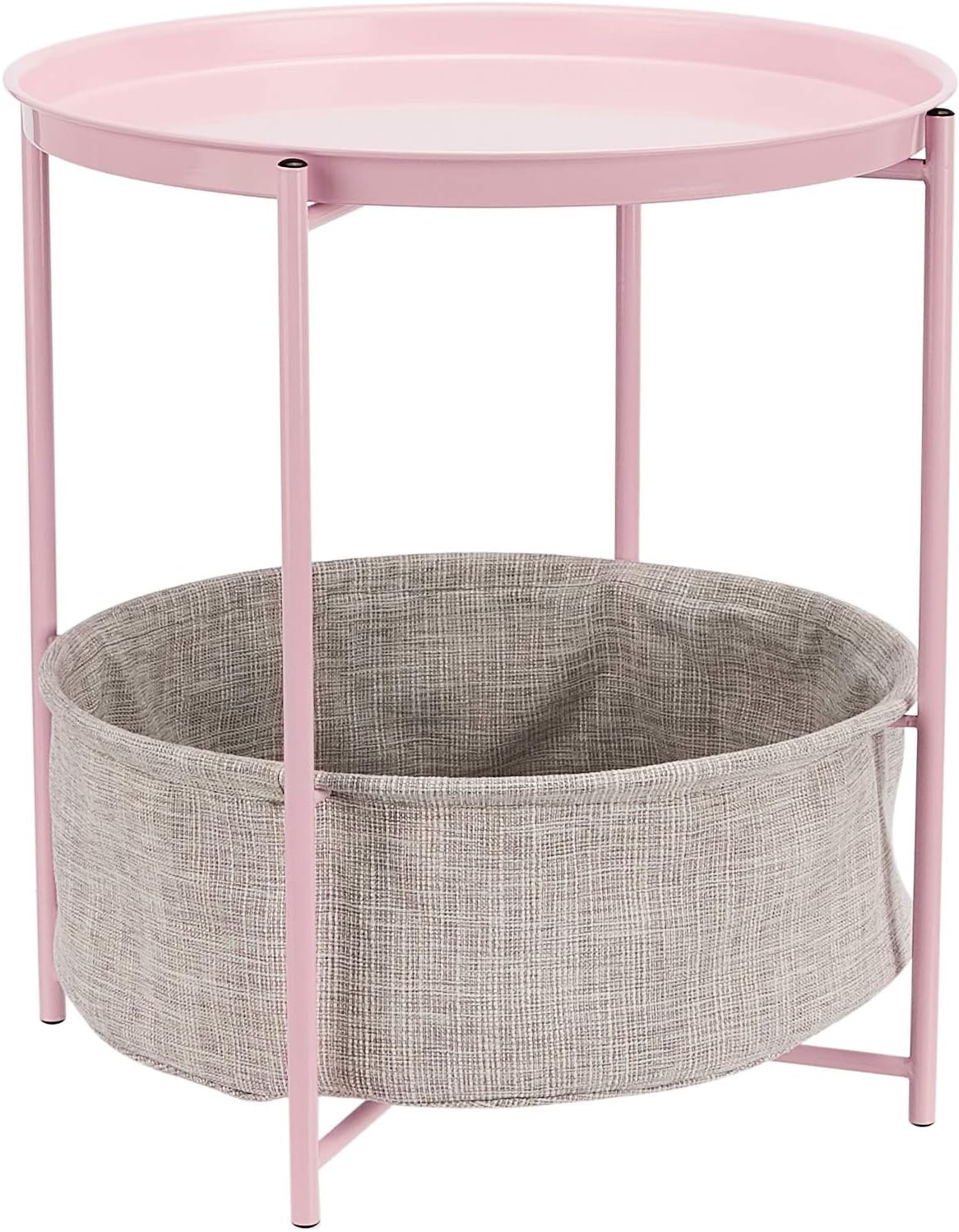 Round Storage End Table, Side Table with Cloth Basket, Dusty Pink, 17.7″D x 17.7″W x 18.9″H