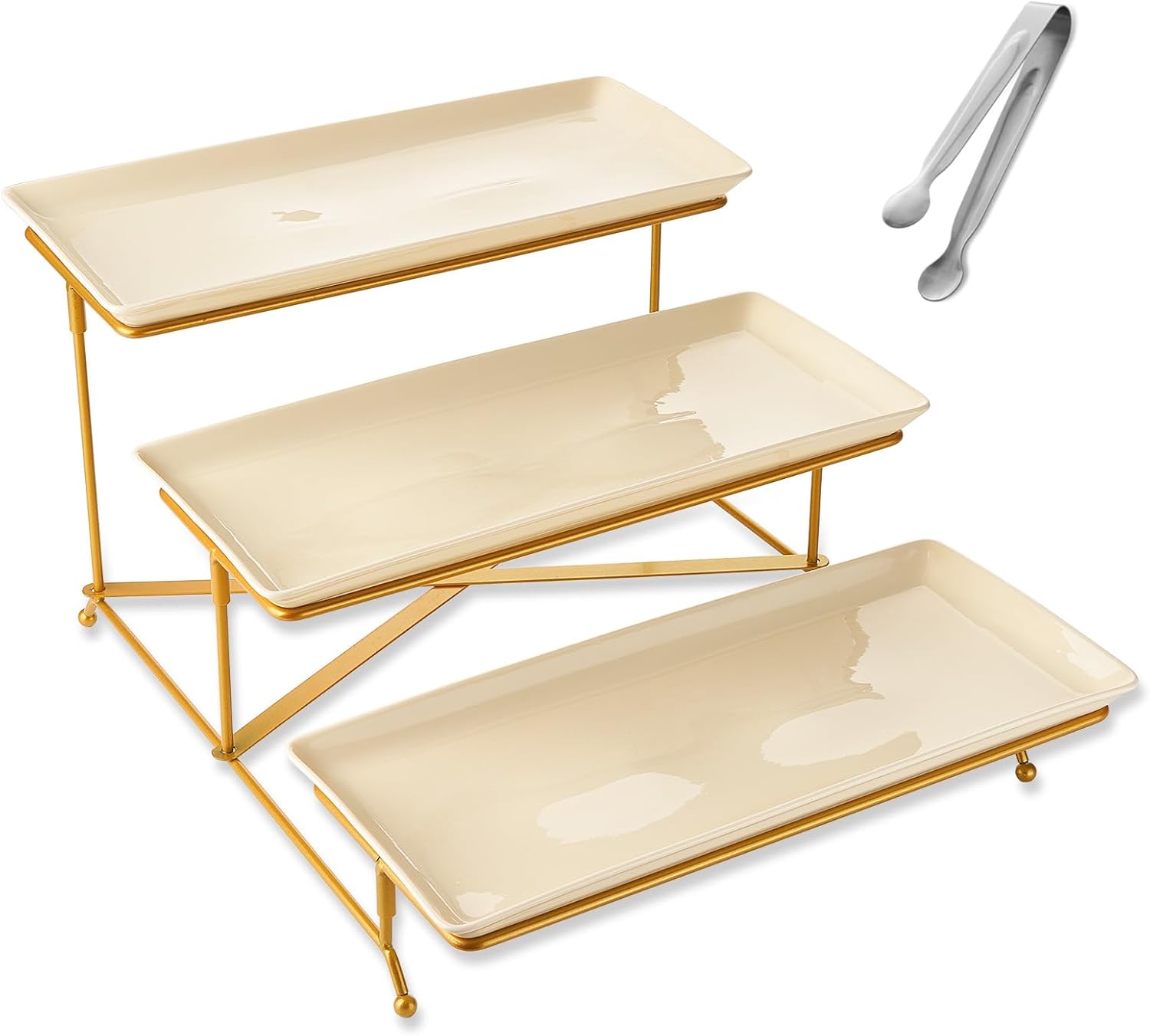 14 inch Beige Platters with Collapsible Sturdier Gold Iron Rack