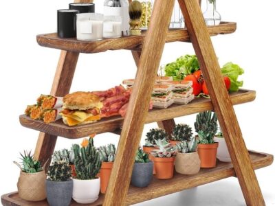 3 Tier Serving Tray Three Tiered Cupcake Stand, Rectangle Serving Platter Wooden Farmhouse, Party Serving Brown Decorative Tray Decor