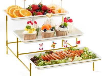 White Reusable Trays with Gold Metal Display Stand for Veggie, Fruit, Cookies, Dessert