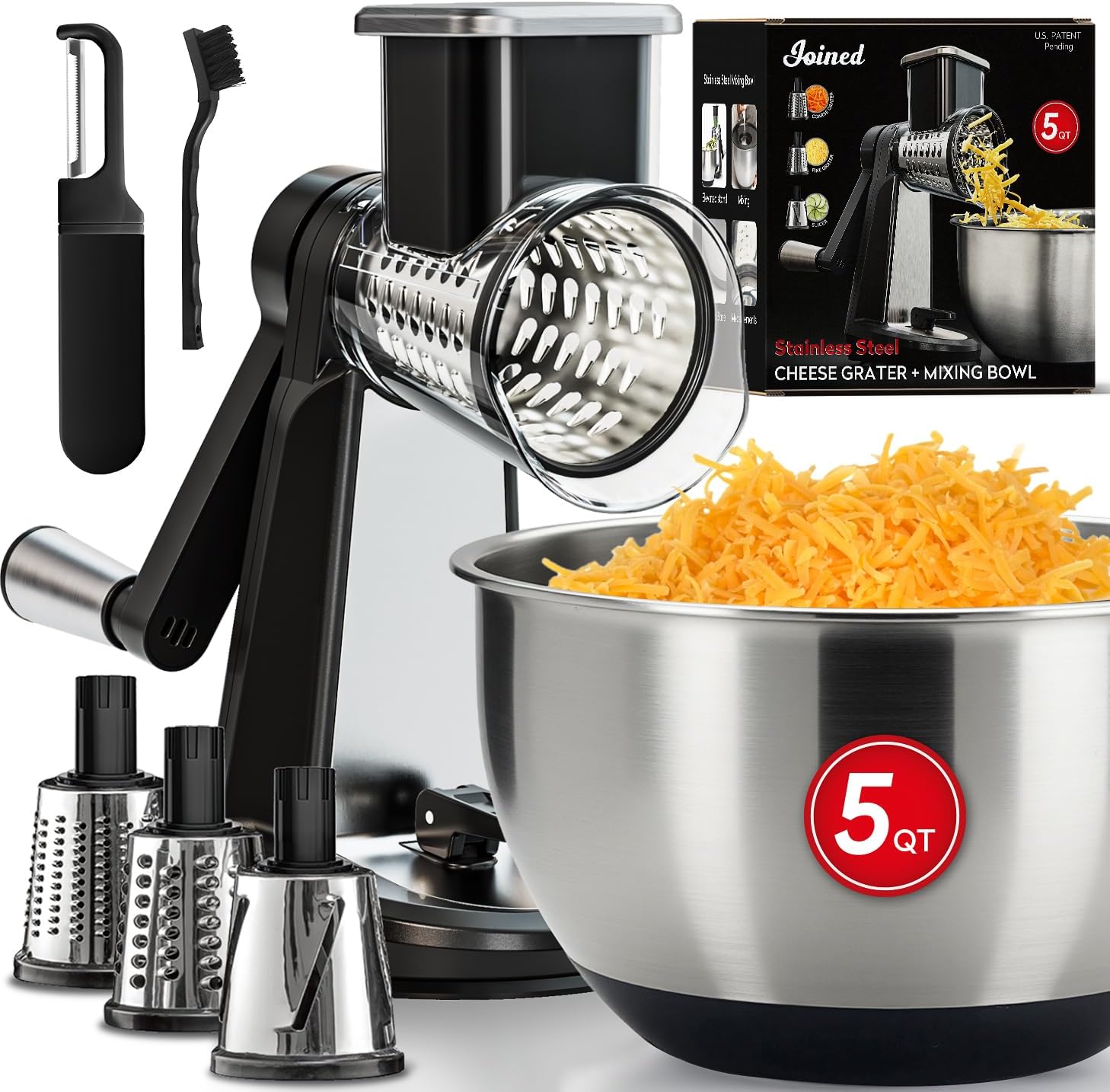 Joined Stainless Steel Rotary Cheese Grater with Elevated Stand and 5 Qt Mixing Bowl