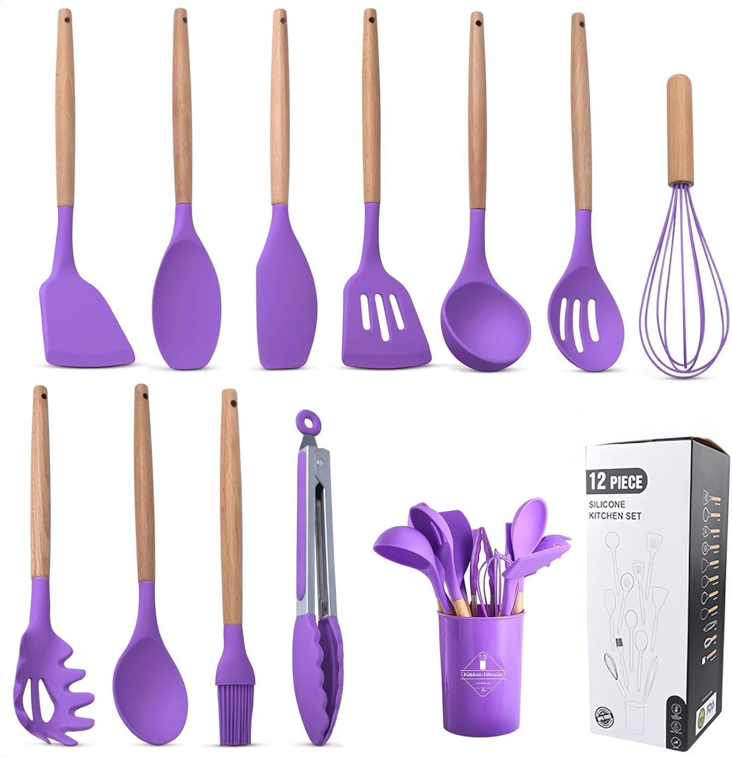 12 PCS Kitchen Utensils Set, Non-stick Kitchen Tools with Wooden Handle Holder