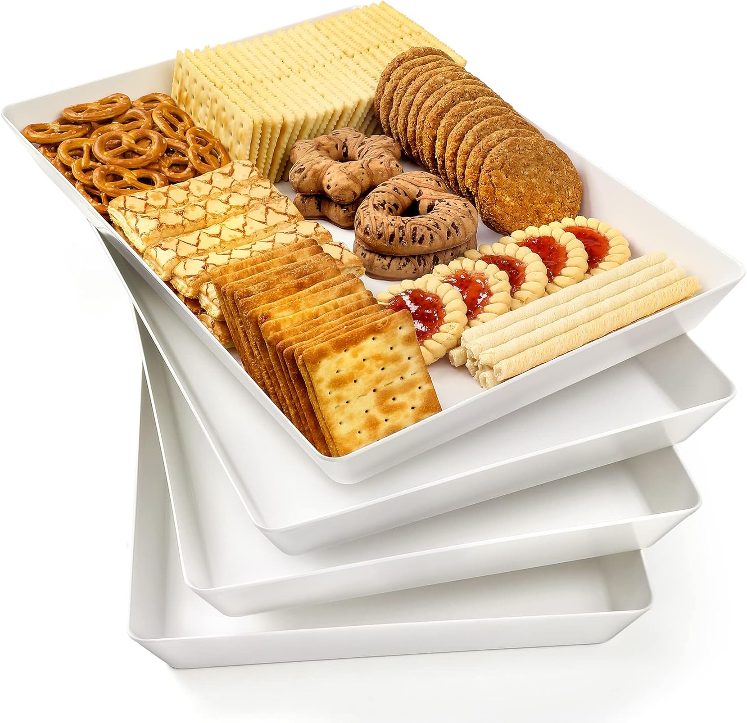 4-Pack Plastic 16″ x 11″ Large White Serving Trays Set