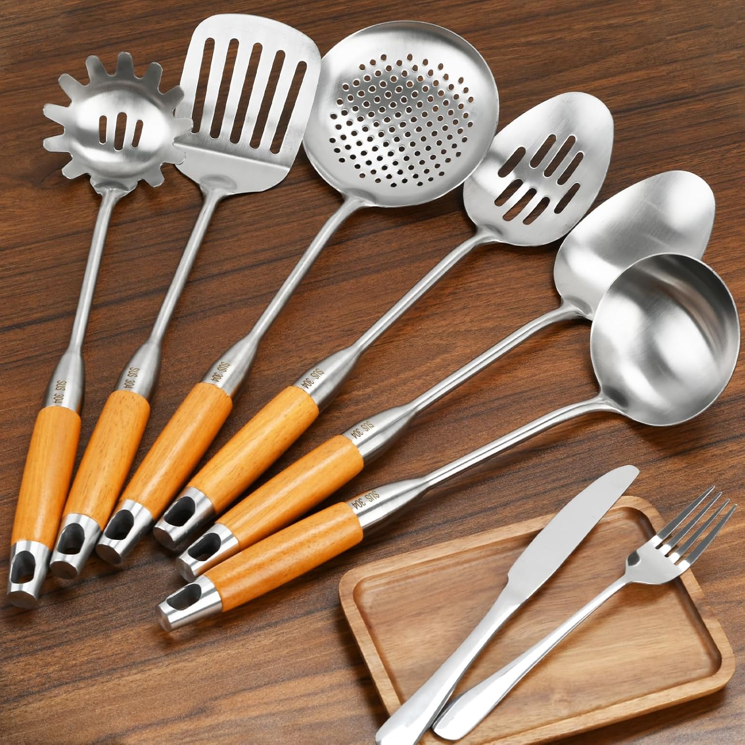 Cooking Utensils with Wooden Handle, 6 Pieces Stainless Steel Cooking Spoons Set