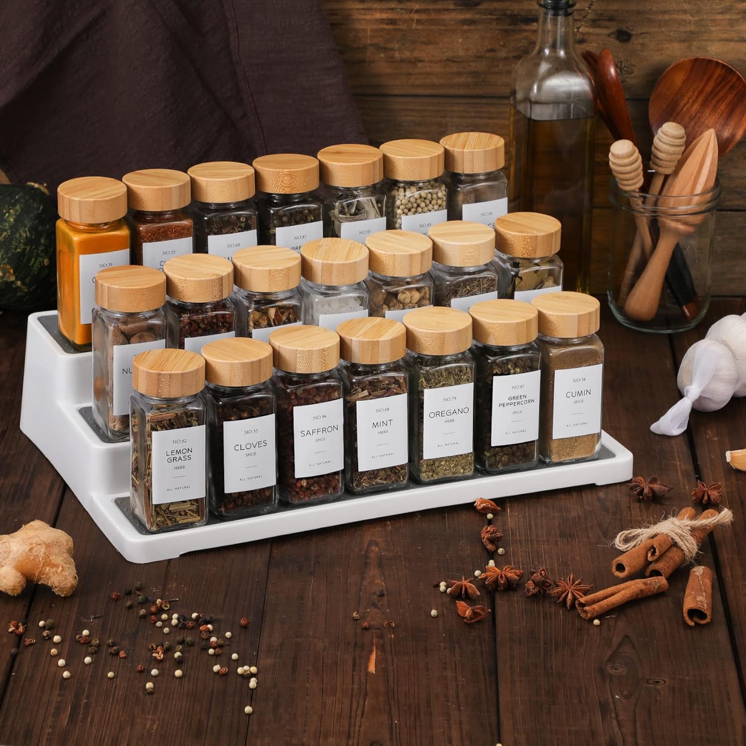 24 Pcs Glass Spice Jars with Bamboo Lids, 4 oz Glass Jars with Minimalist Farmhouse Spice Labels Stickers, Collapsible Funnel, Seasoning Storage Bottles for Spice Rack