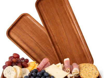 Solid Acacia Wood Serving Trays (14 x 5.5 inches) Rectangular Wooden Large Serving Platters for Food