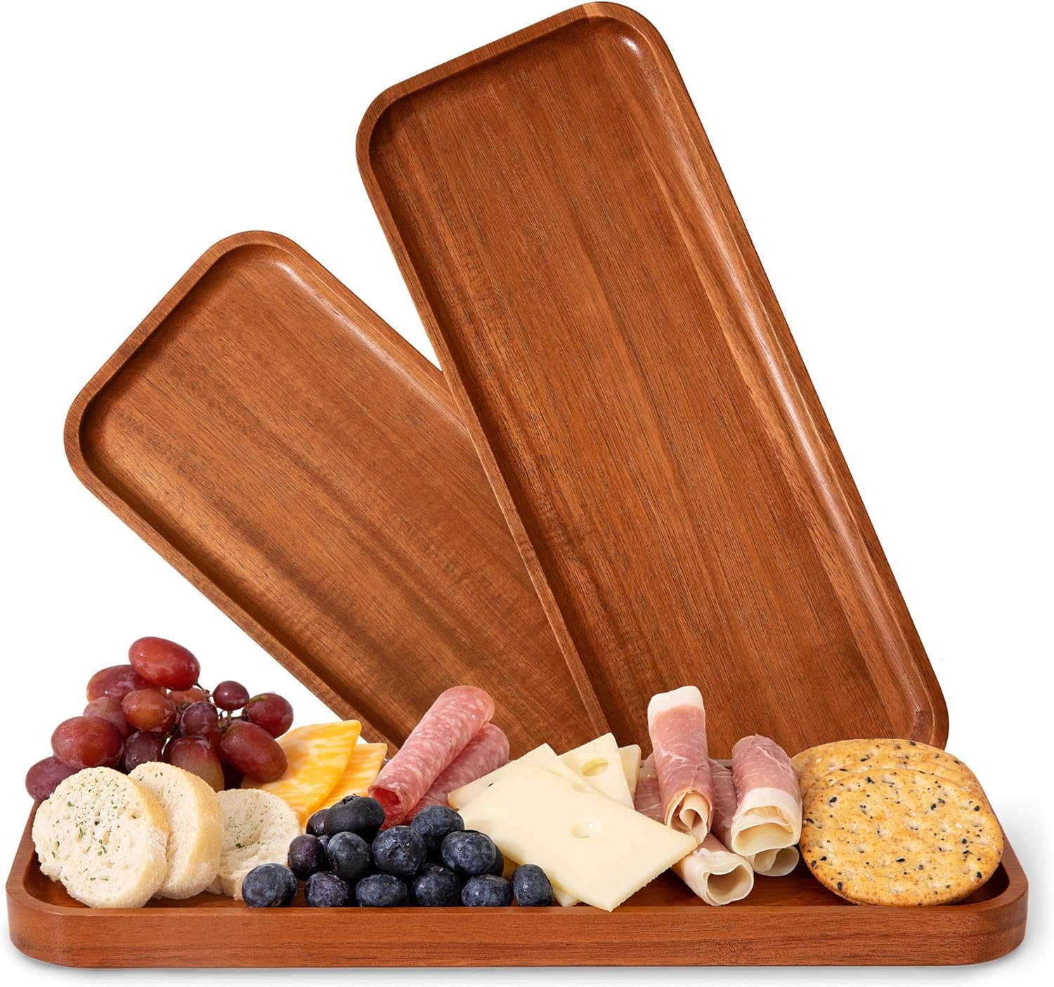 Solid Acacia Wood Serving Trays (14 x 5.5 inches) Rectangular Wooden Large Serving Platters for Food