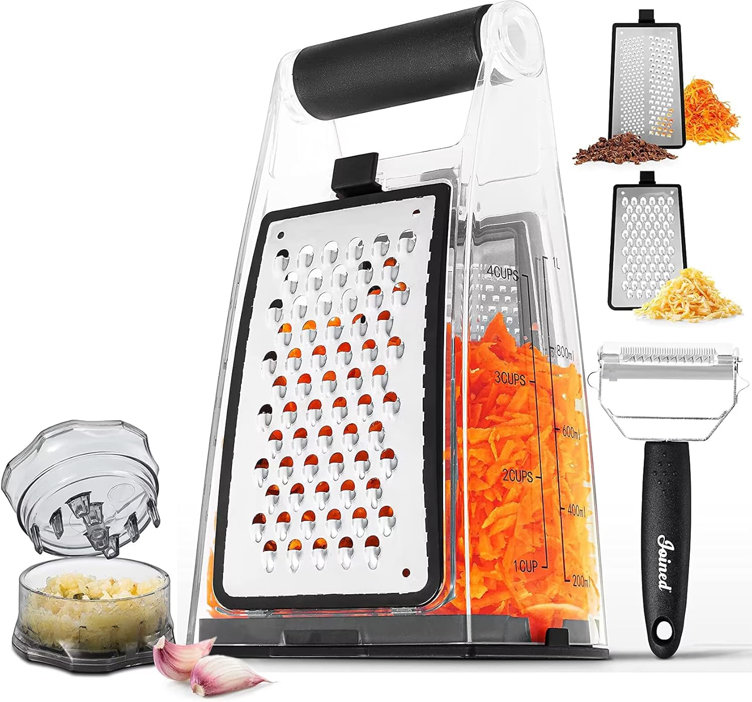 Cheese Grater with Handle – Graters for Kitchen Stainless Steel Food Grater – Garlic Mincer Tool and Vegetable Peeler