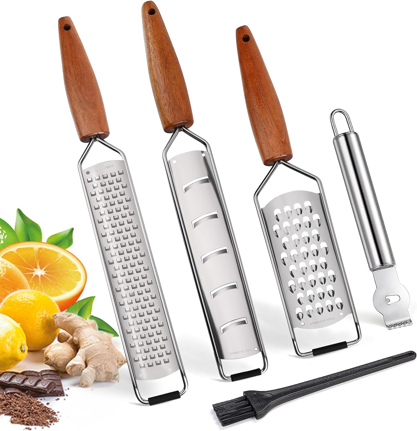 Cheese Grater Zester Set of 5, 304 Stainless Steel with Acacia Wood Handle Kitchen Grater & Peeler & Slicer