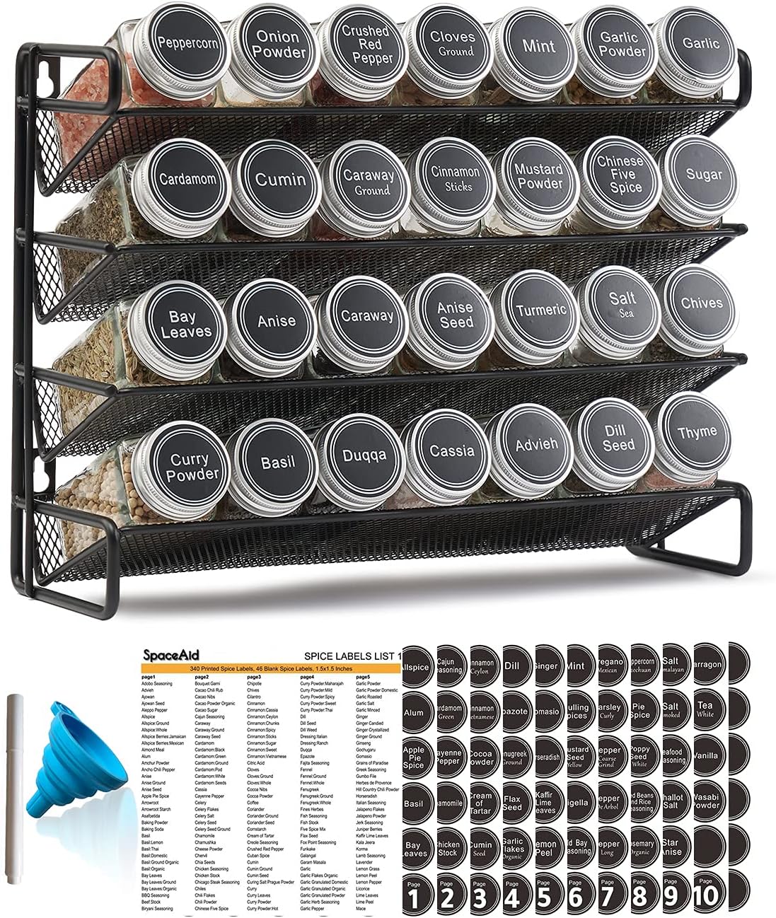 SpaceAid Spice Rack Organizer with 28 Spice Jars, 386 Spice Labels, Chalk Marker and Funnel Set for Cabinet, Countertop, Pantry, Cupboard or Door & Wall Mount