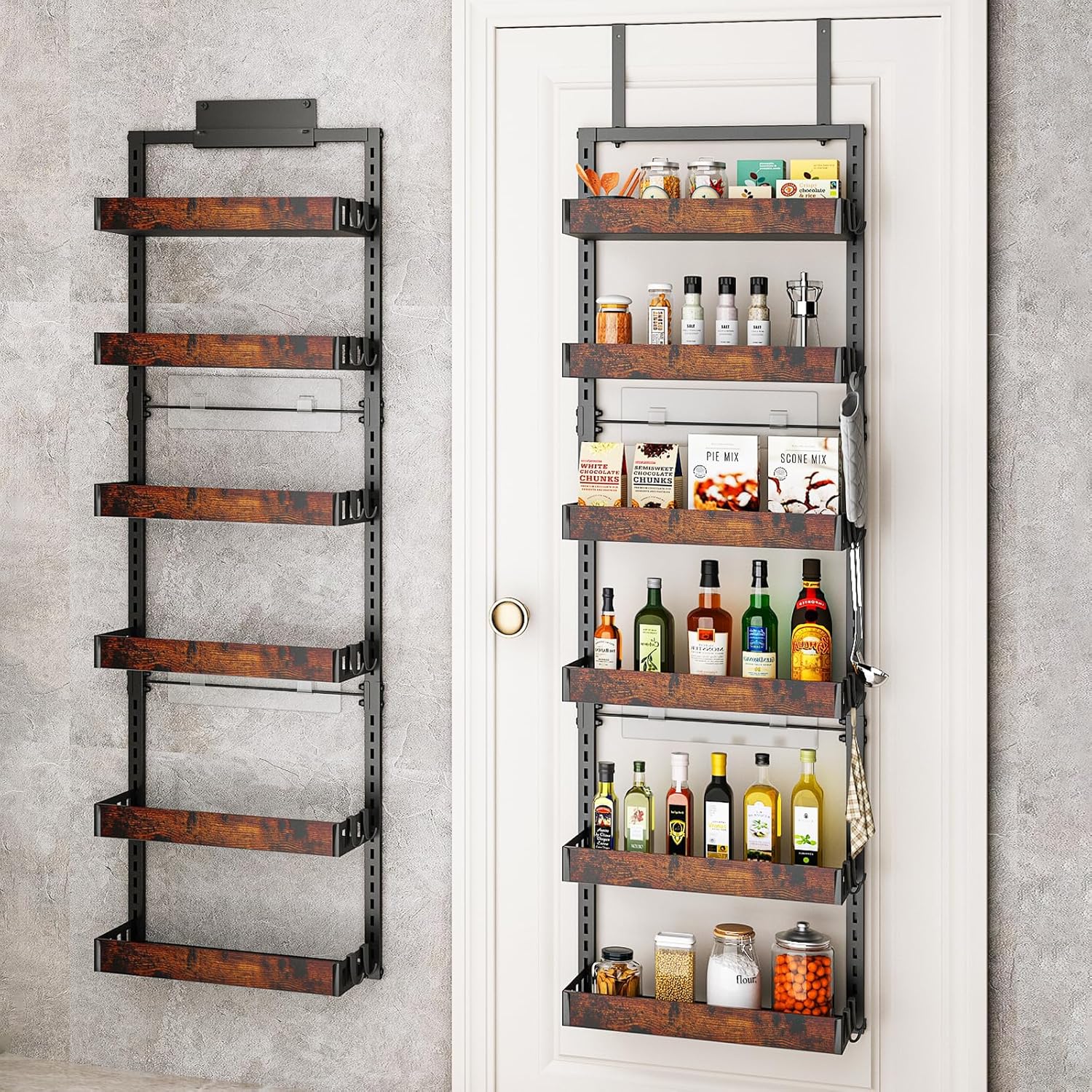 Over the Door Pantry Organizer, 6-Tier Adjustable Wooden Basket Kitchen Pantry Door Organization and Storage