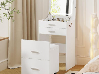 3-in-1 Compact Vanity Desk with Drawers, Lighted Mirror & Stool