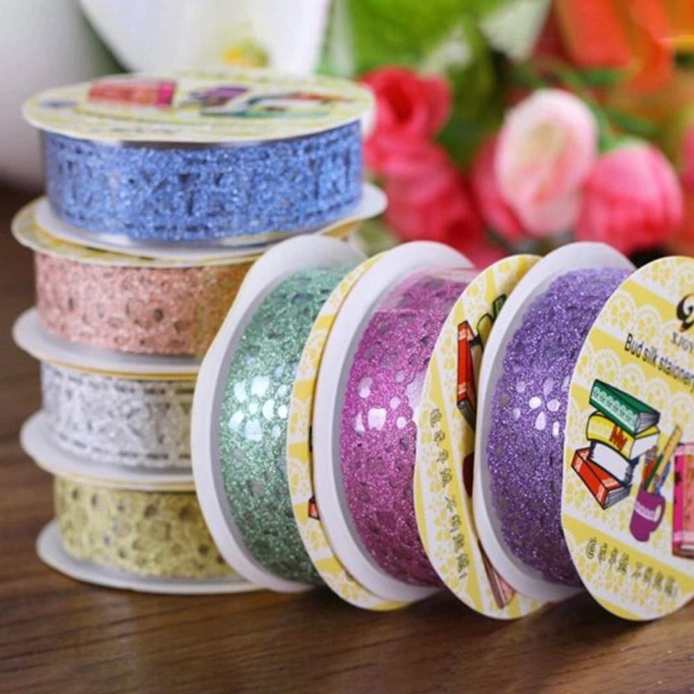 SallyFashion 6-Roll Glitter Lace Washi Tape – Colorful Decorative Craft Tape