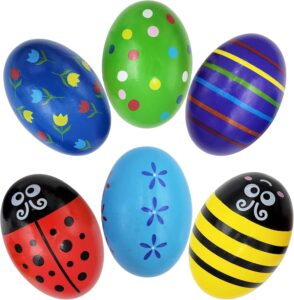 12-Pack 2.7" Wooden Easter Egg Shakers – Painted Rattle Maracas for Crafts & Decor