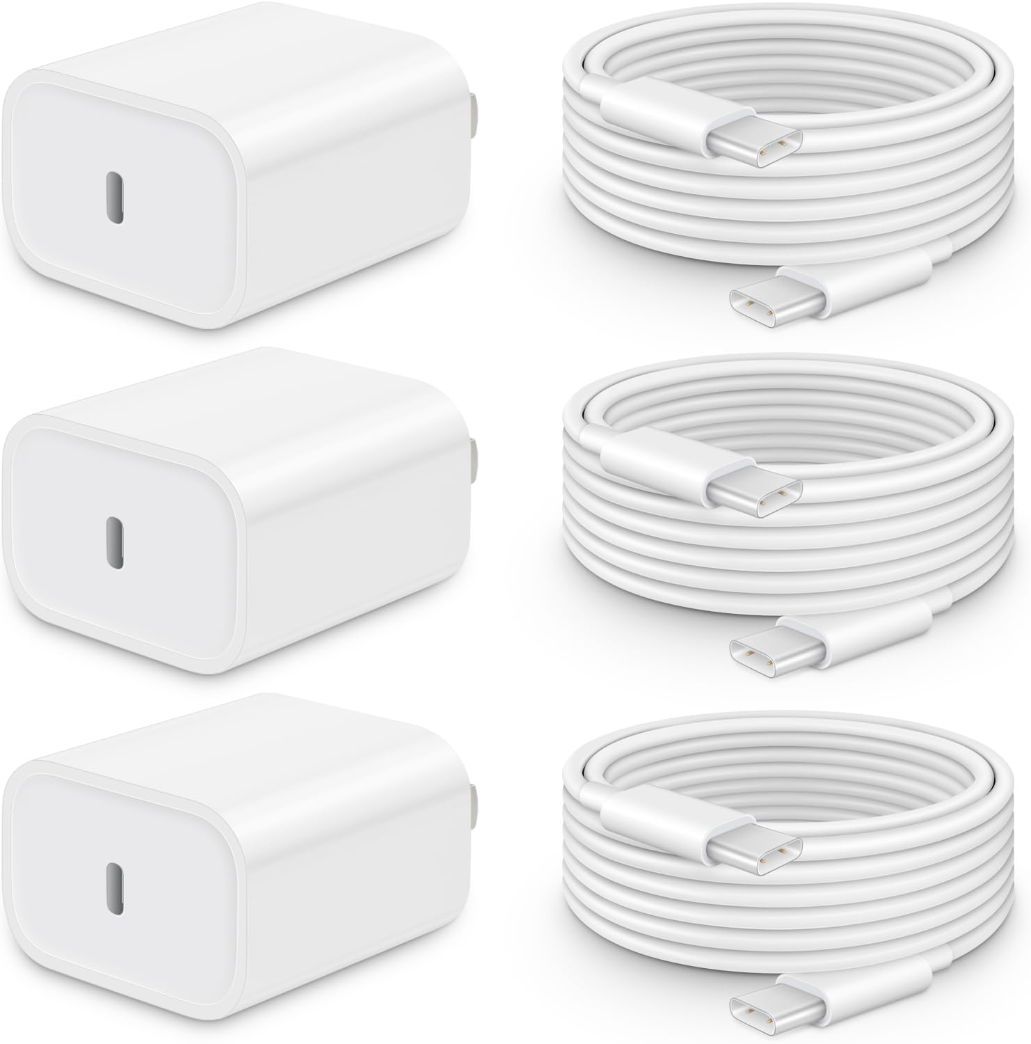 iPhone 15/16/17 3-Pack 20W USB-C Fast Wall Charger with 6FT Cable
