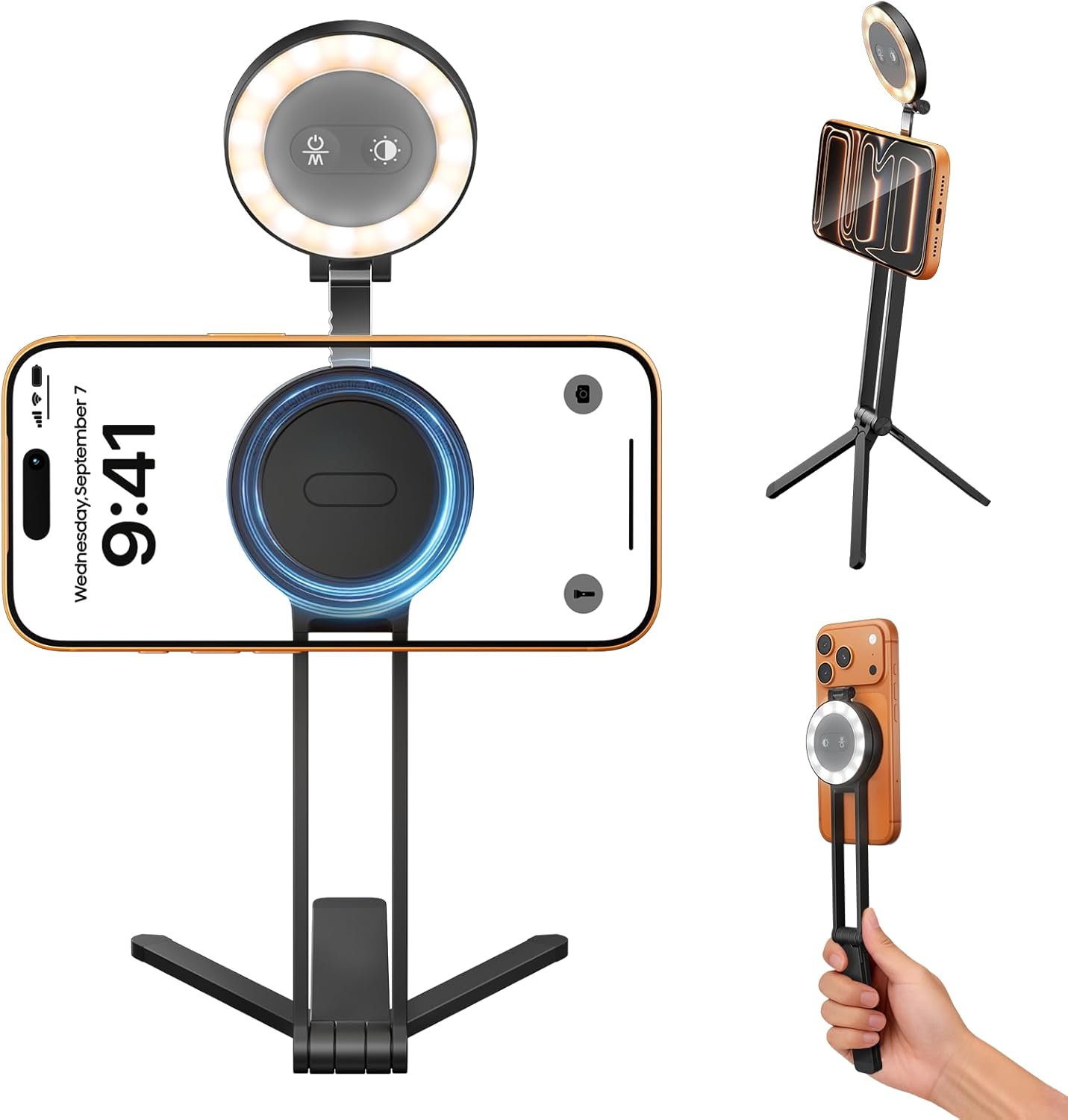 2-in-1 Magnetic Phone Tripod with Selfie Fill Light for iPhone