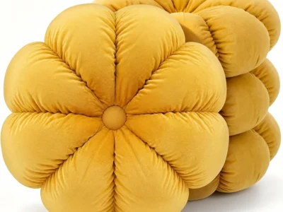 Yellow Velvet Pumpkin Throw Pillows with Pleated Design for Fall and Thanksgiving Decor