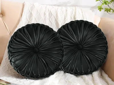 Black Velvet Pumpkin Throw Pillows with Pleated Design and Center Button for Sofa, Bed and Home Decor (Set of 2)
