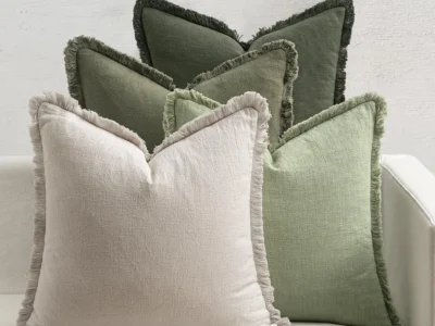 Boho Linen Fringe Decorative Throw Pillow Covers in Beige and Sage Green (Set of 4)