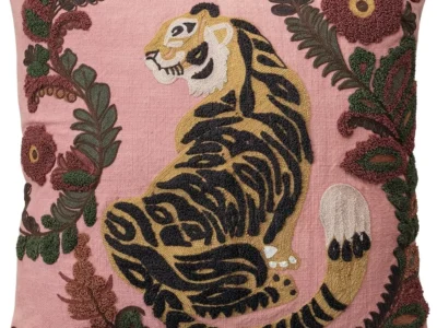 Embroidered Tiger and Floral Decorative Pillow, Multicolor Cotton Slub