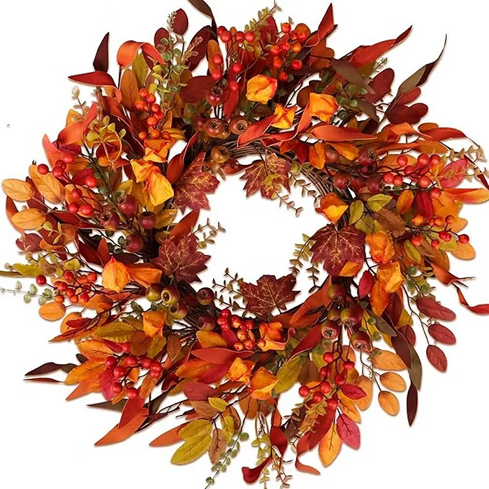 24 Inch Fall Wreath with Berry Branches and Colorful Leaves