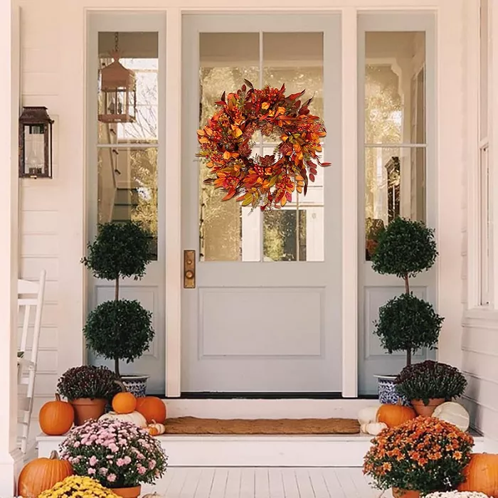 24 Inch Fall Wreath with Berry Branches and Colorful Leaves - Image 2