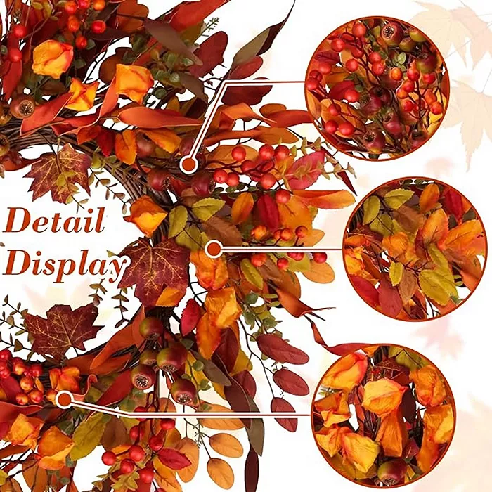 24 Inch Fall Wreath with Berry Branches and Colorful Leaves - Image 3
