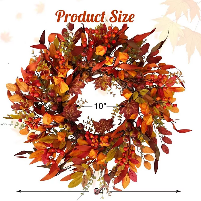 24 Inch Fall Wreath with Berry Branches and Colorful Leaves - Image 5