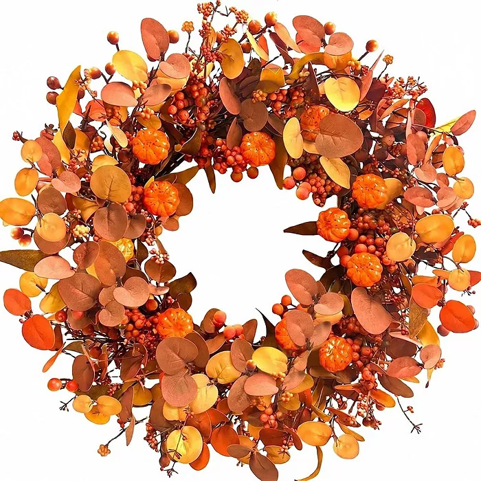 26" Fall Pumpkin Wreath with Orange Eucalyptus Leaves & Berries for Front Door