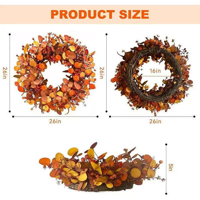 26" Fall Pumpkin Wreath with Orange Eucalyptus Leaves & Berries for Front Door - Image 2