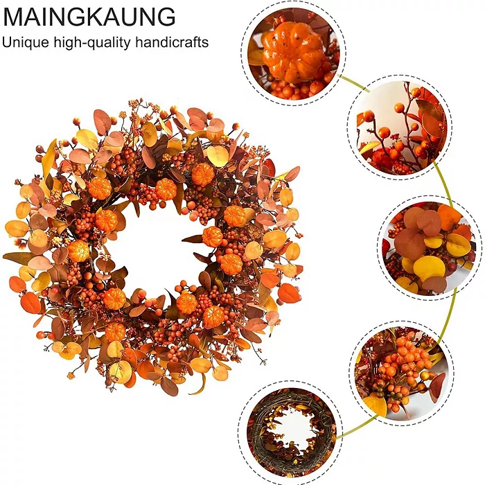 26" Fall Pumpkin Wreath with Orange Eucalyptus Leaves & Berries for Front Door - Image 3