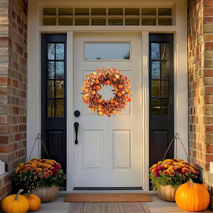 26" Fall Pumpkin Wreath with Orange Eucalyptus Leaves & Berries for Front Door - Image 4