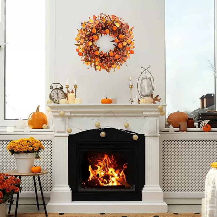 26" Fall Pumpkin Wreath with Orange Eucalyptus Leaves & Berries for Front Door - Image 5